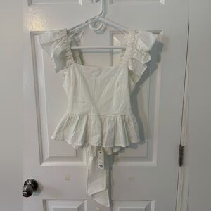 Francesca's Collections XS Ivory Ruffle top flutter sleeves tie back NWT